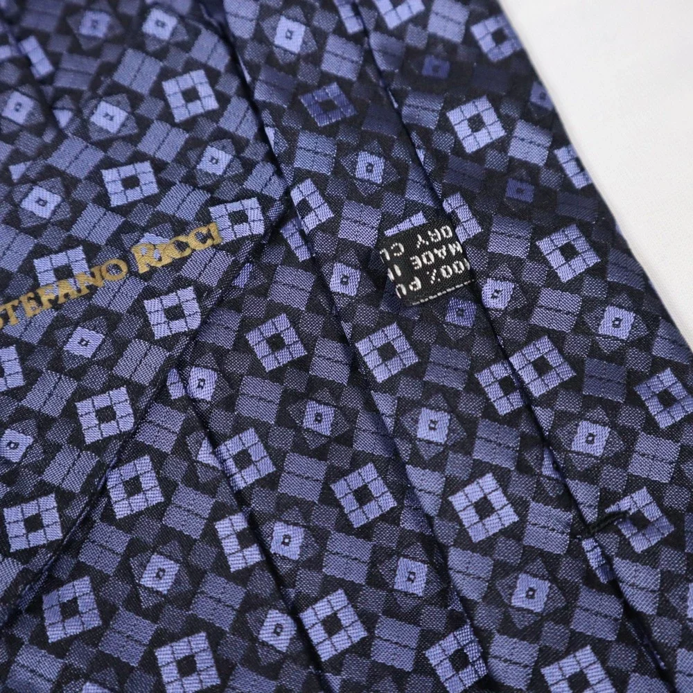 Stefano Ricci Pure Silk Necktie Navy Periwinkle‎ Geometric Medallion Made Italy